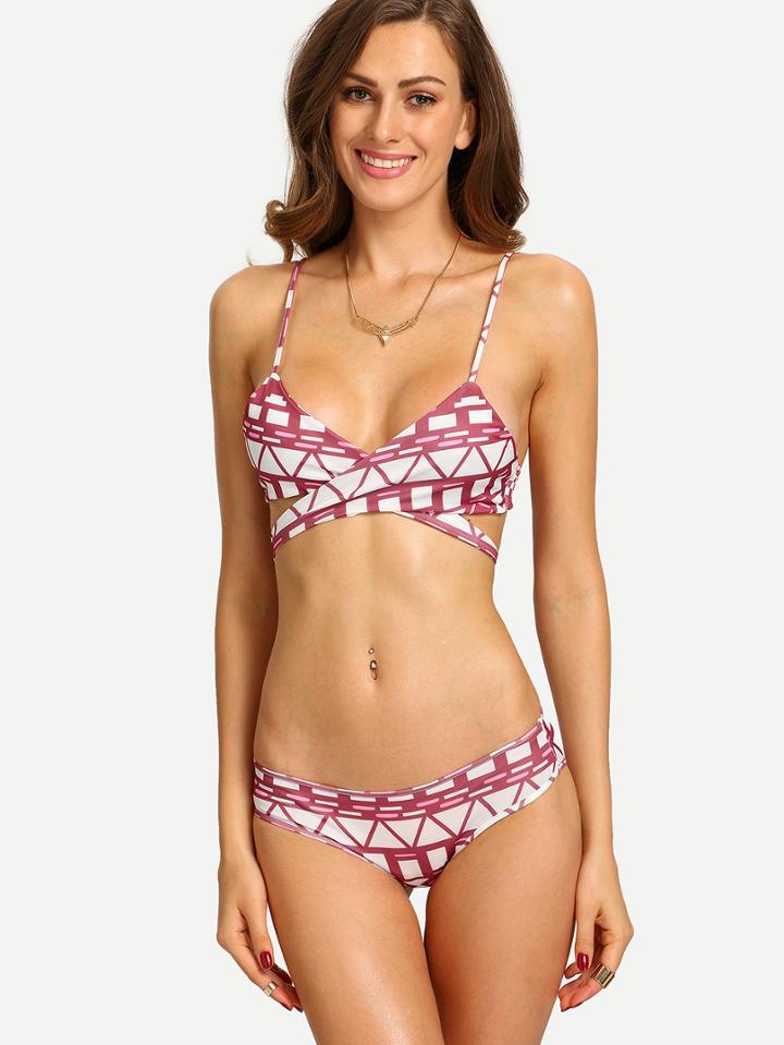 Shein Cross Wrap Geometric Print Bikini Set - Red