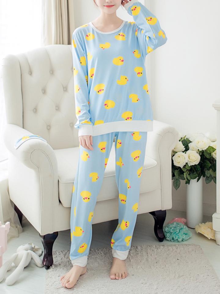Shein Contrast Trim Cartoon Duck Pullover & Pants Pj Set