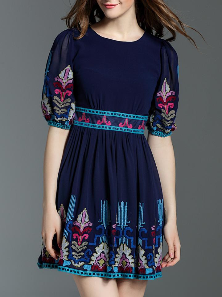 Shein Navy Embroidered Pleated A-line Dress