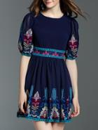Shein Navy Embroidered Pleated A-line Dress