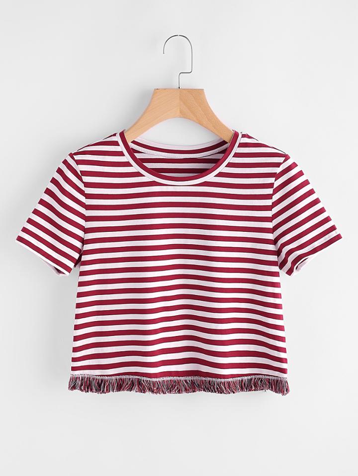 Shein Fringe Lace Trim Striped Tee