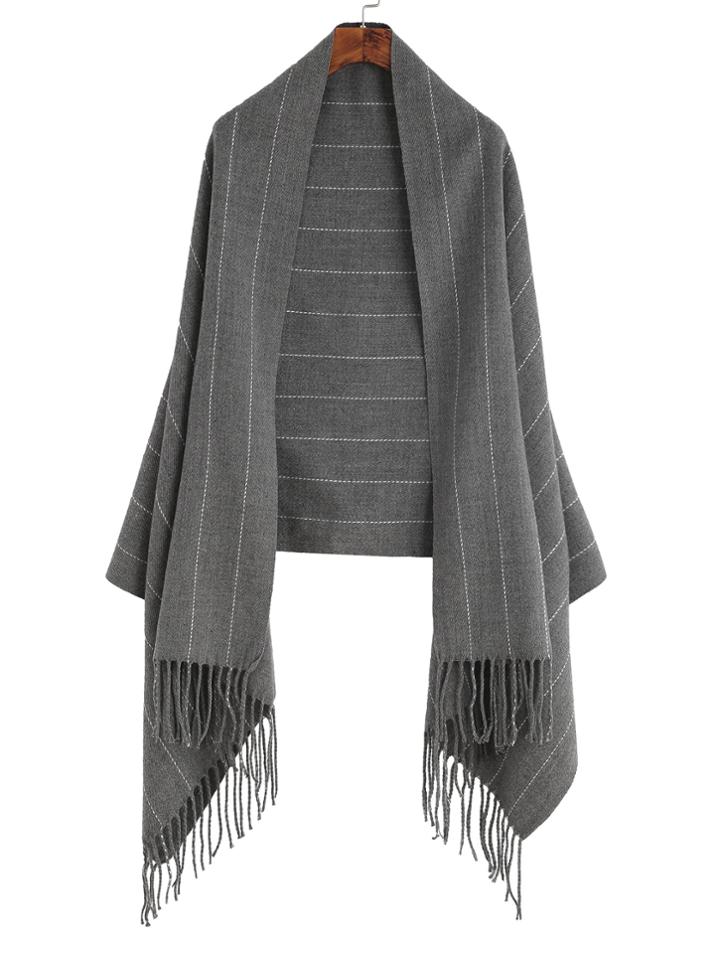 Shein Grey Stripe Long Fringe Shawl Scarf