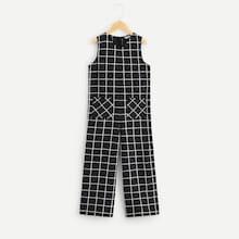 Shein Girls Zip Back Pocket Front Grid Jumpsuit