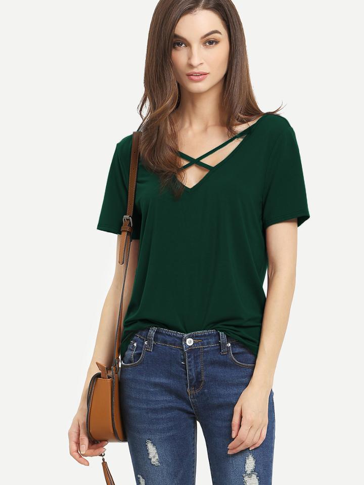 Shein Dark Green Criss Cross Front V Back Short Sleeve T-shirt