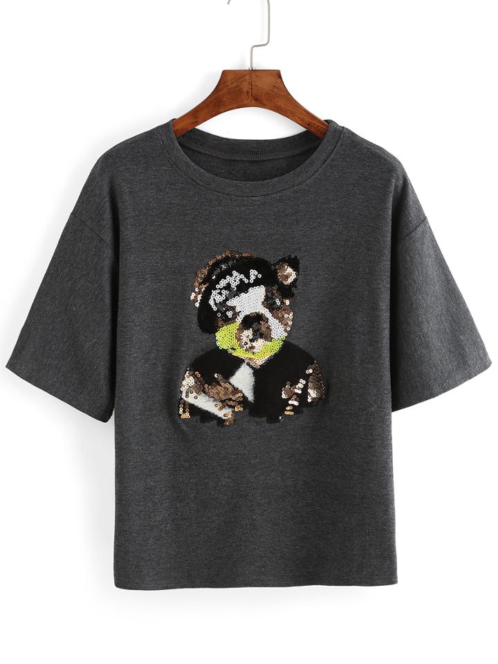 Shein Grey Short Sleeve Sequined Dog Pattern T-shirt