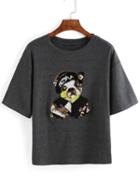 Shein Grey Short Sleeve Sequined Dog Pattern T-shirt