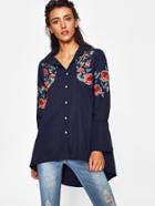 Shein Botanical Embroidered Dip Hem Shirt