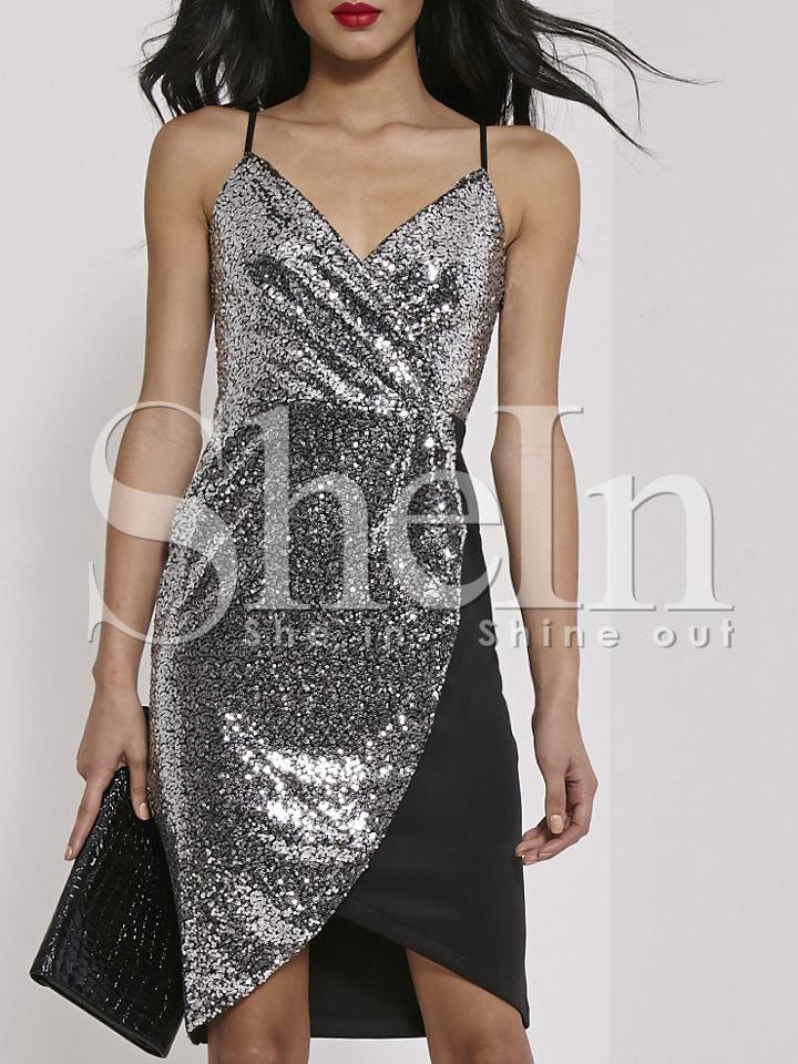 Shein Silver Spaghetti Strap Color Block Sequined Dress
