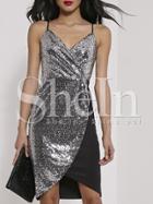 Shein Silver Spaghetti Strap Color Block Sequined Dress
