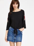 Shein Black Rose Patch 3/4 Sleeve Knot Front T-shirt