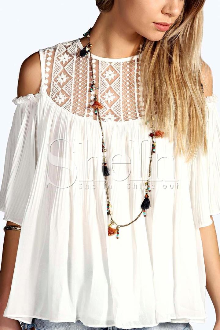 Shein Open Shoulder Lace Neck Pleated Blouse - White