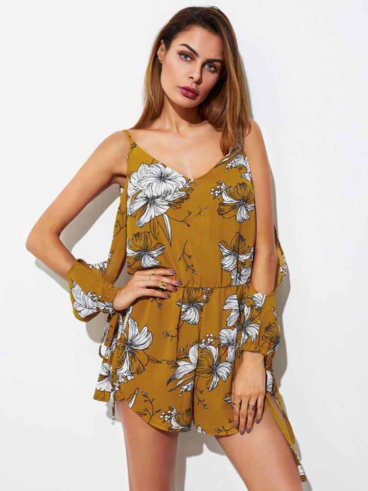 Shein Random Florals Tie Cuff Romper