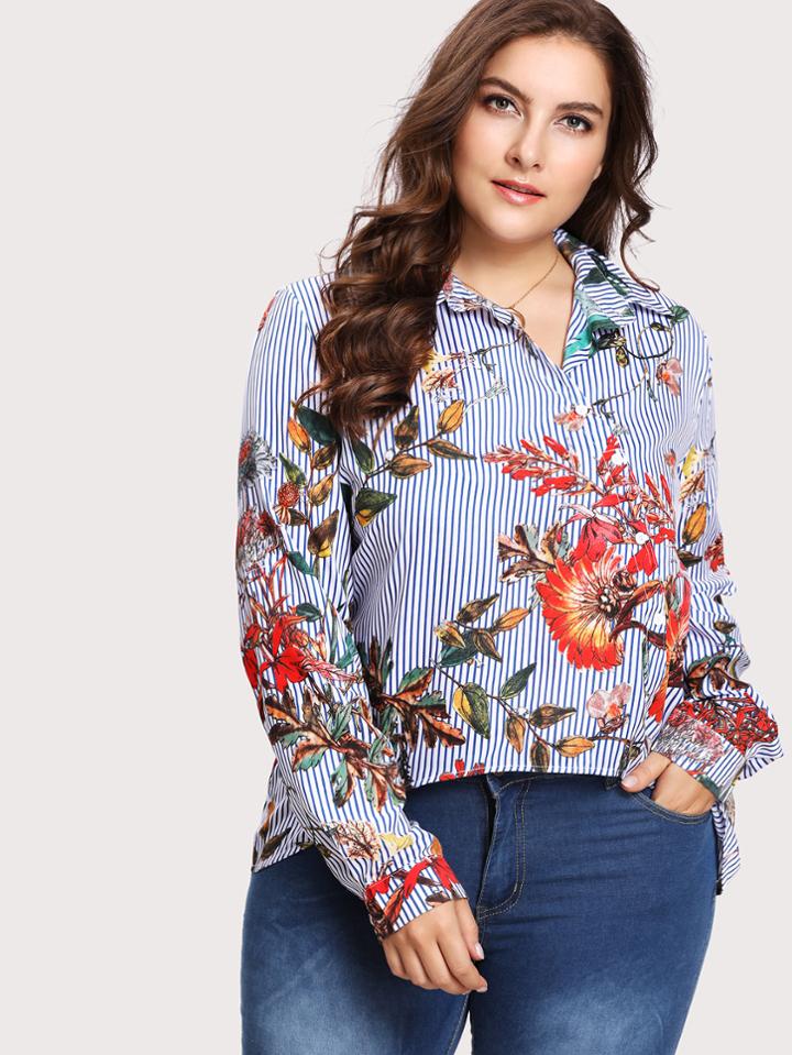 Shein Asymmetric Buttoned Placket Mixed Print Blouse