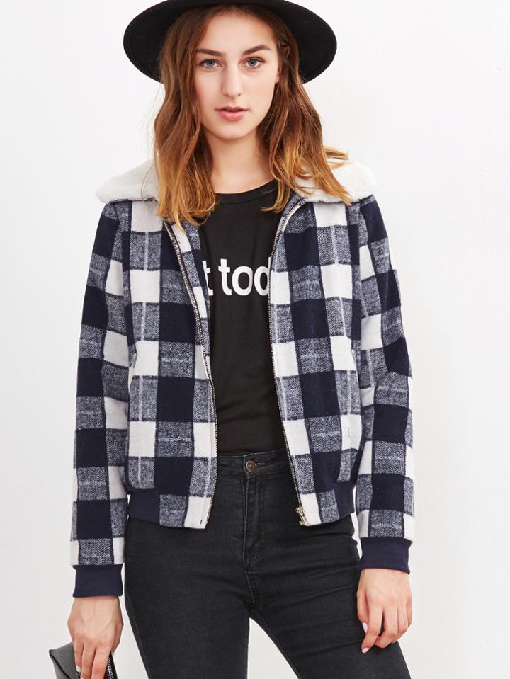 Shein Navy Checkered Faux Shearling Collar Jacket