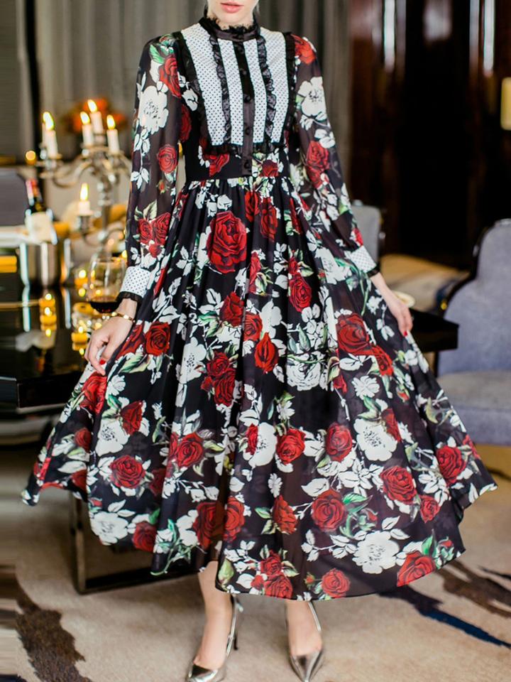 Shein Black Round Neck Long Sleeve Rose Print Dress