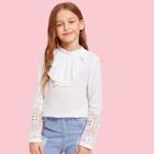 Shein Girls Keyhole Back Contrast Lace Sleeve Top