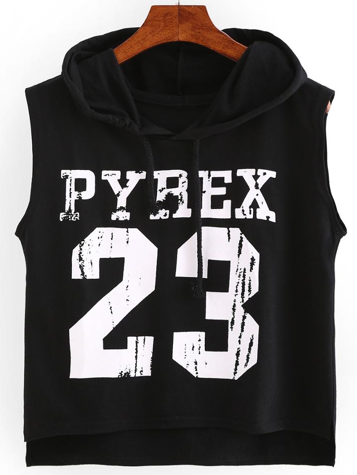 Shein Varsity Print High-low Hooded Top - Black