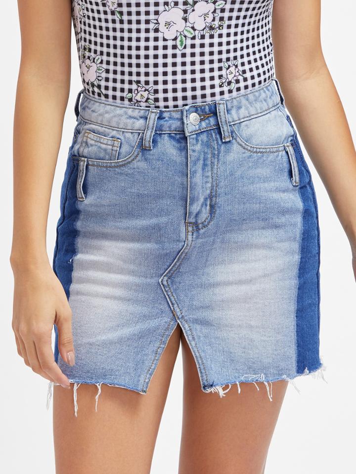 Shein Color Block Raw Hem V Cut Denim Skirt