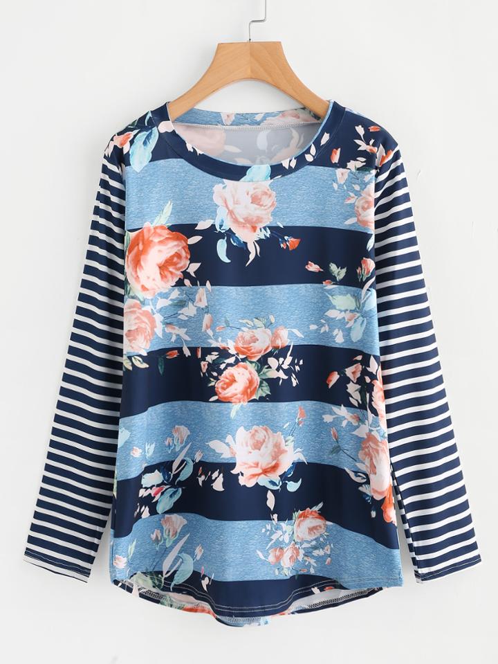 Shein Floral Print Striped Tee