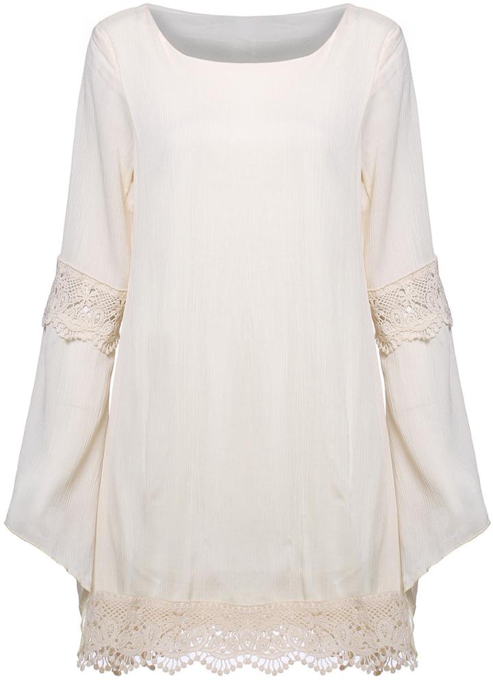 Shein White Long Sleeve Lace Rhinestones Loose Dress