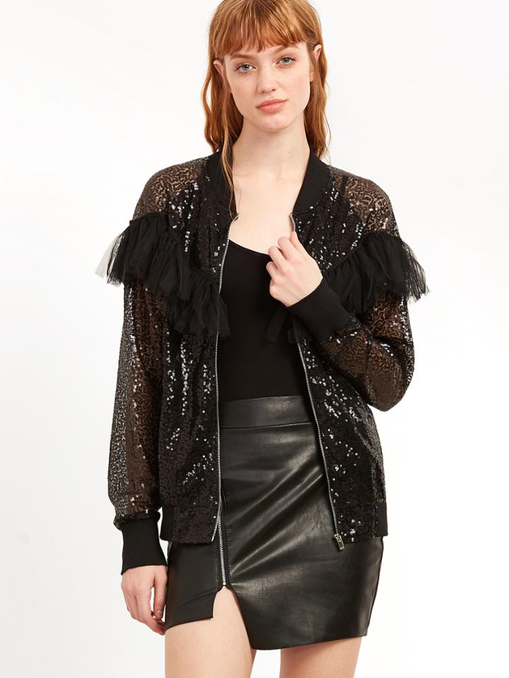 Shein Black Ruffle Trim Sheer Embroidered Sequin Bomber Jacket