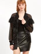 Shein Black Ruffle Trim Sheer Embroidered Sequin Bomber Jacket