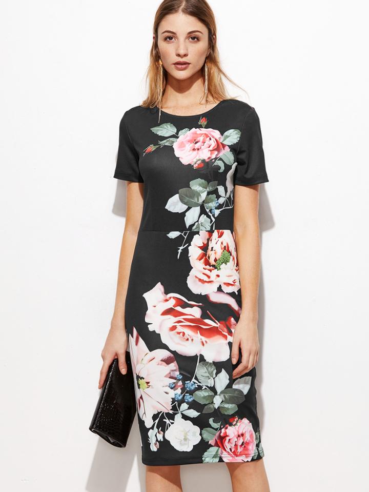 Shein Black Rose Print Pencil Dress