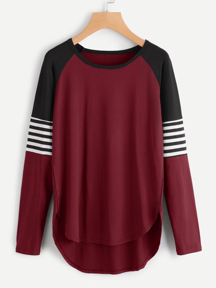 Shein Contrast Striped Sleeve Dip Hem Tee