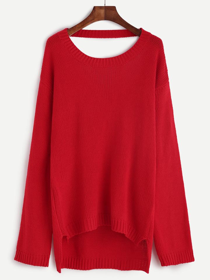 Shein Red Cutout V Back High Low Sweater