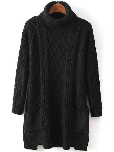 Shein Black High Neck Diamond Patterned Pockets Sweater