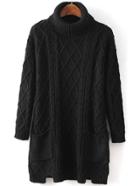 Shein Black High Neck Diamond Patterned Pockets Sweater