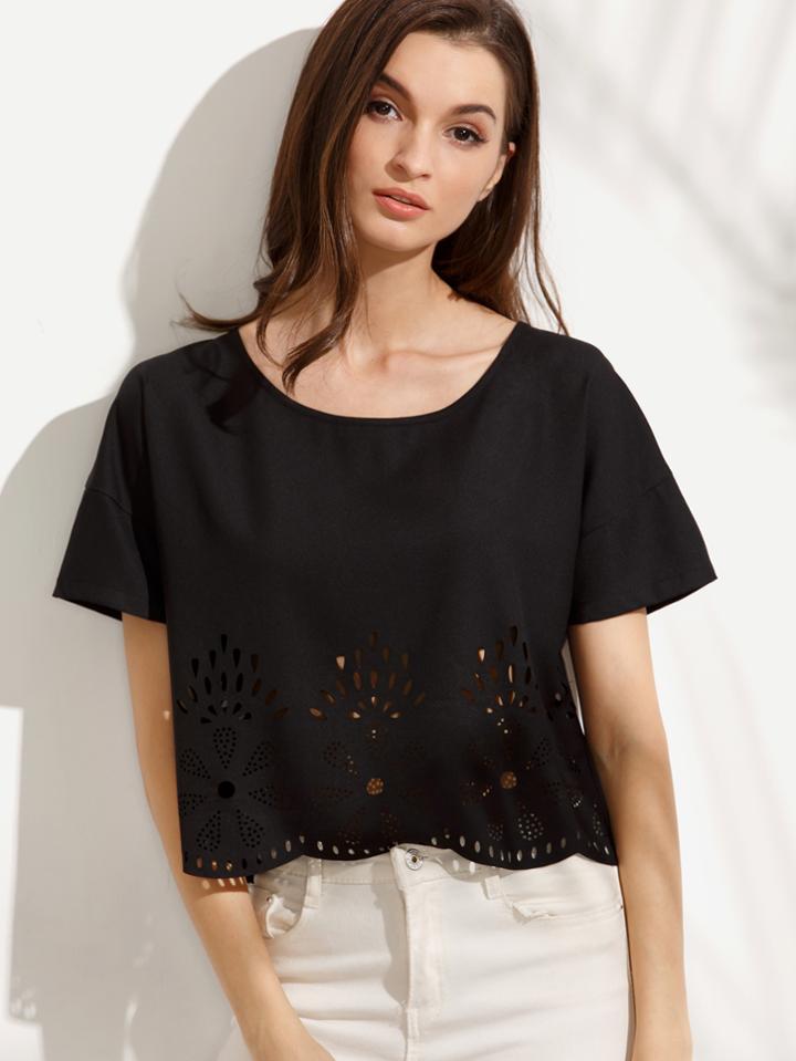 Shein Black Hollow Short Sleeve Blouse