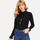 Shein Solid Tie Neck Pearls Decorated Jumper