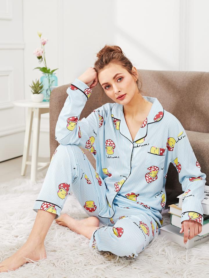 Shein Contrast Binding Cartoon Print Shirt & Pants Pj Set