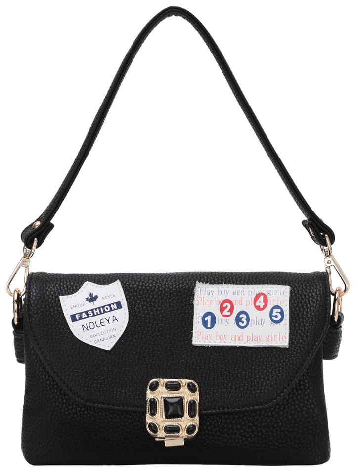 Shein Leather Patch Rhinestone Turnlock Flap Shoulder Bag