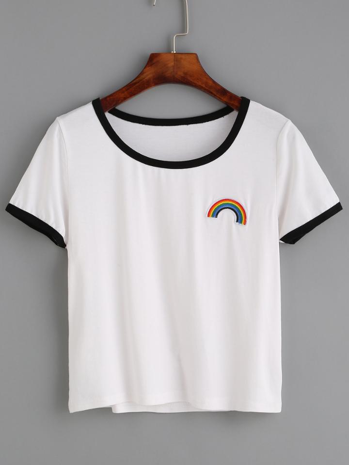 Shein White Contrast Trim Rainbow Embroidered T-shirt