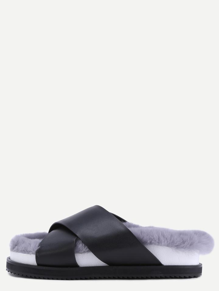 Shein Black Peep Toe Rabbit Hair Lined Soft Sole Slippers