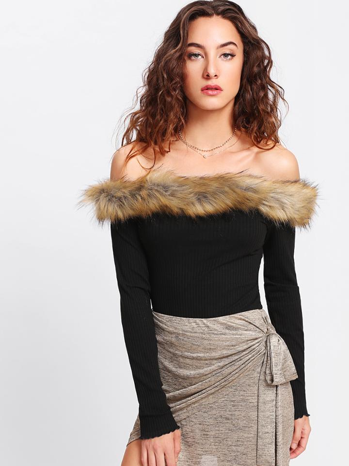 Shein Faux Fur Trim Ribbed Bardot Tee