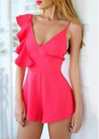Rosewe V Neck Open Back Ruffled Boot Cut Romper