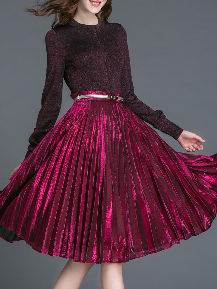 Shein Burgundy Pleated Velvet Belted Top With Skirt