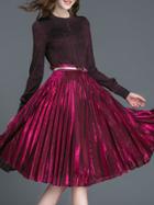 Shein Burgundy Pleated Velvet Belted Top With Skirt