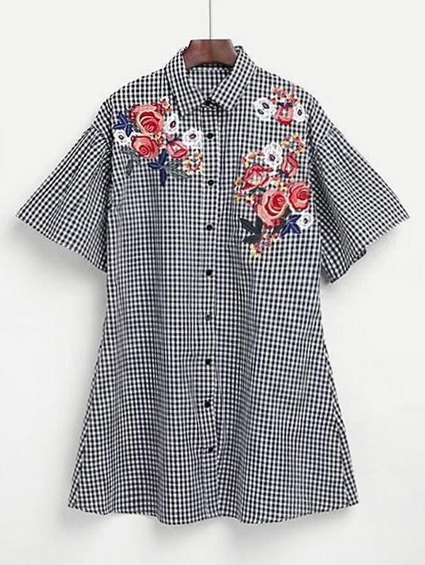 Shein Flower Embroidery Gingham Shirt Dress
