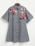 Shein Flower Embroidery Gingham Shirt Dress