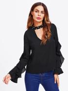 Shein Pearl Beading Choker Neck Frilled Top