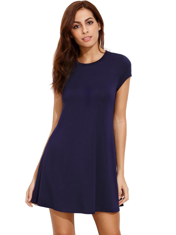 Shein Navy Short Sleeve Shirt Cut Swing Dress