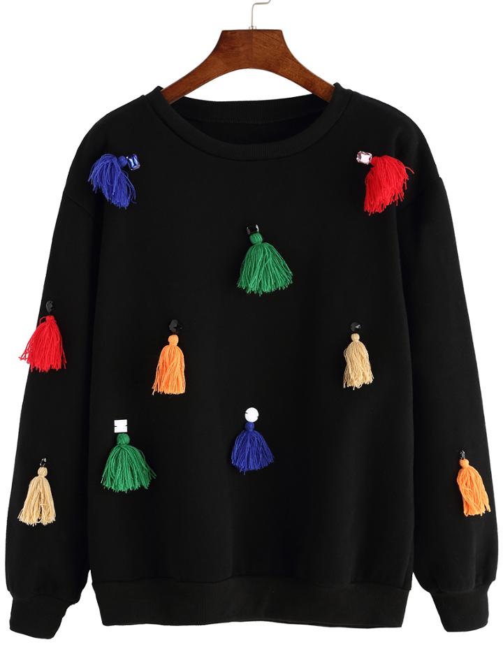 Shein Black Round Neck Bead Tassel Sweatshirt