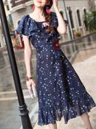 Shein Navy Ruffle Sleeve Floral Frill Dress