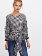 Shein Gathered Sleeve Self Belted Gingham Blouse