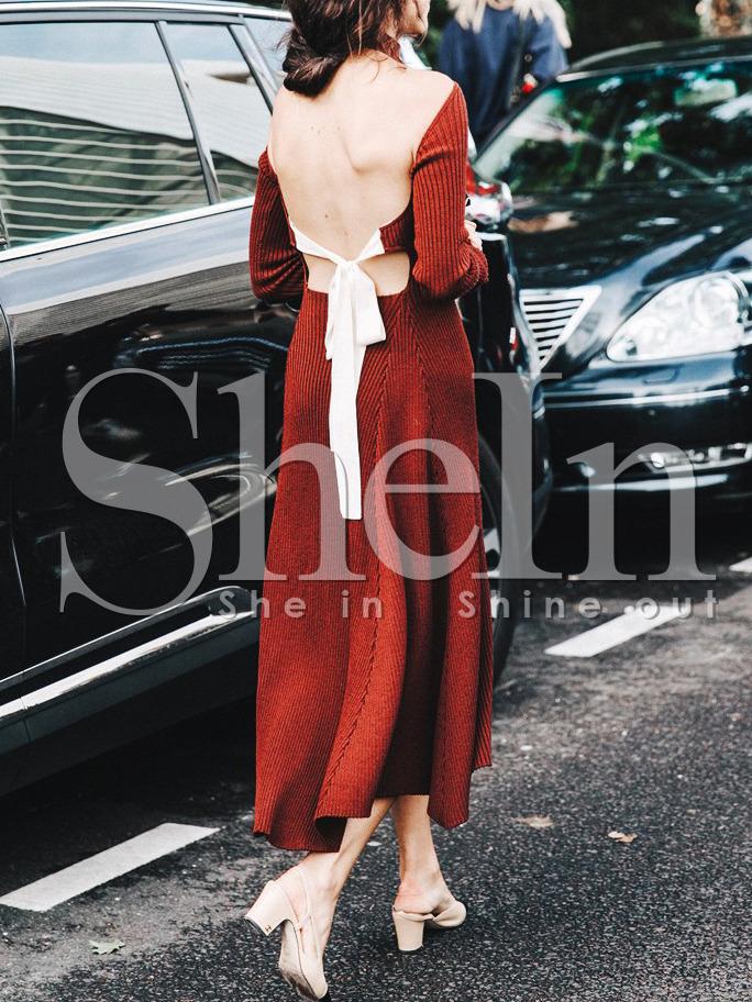 Shein Burgundy Long Sleeve Backless Lace Up Asymmetric Dress