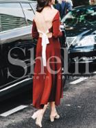 Shein Burgundy Long Sleeve Backless Lace Up Asymmetric Dress